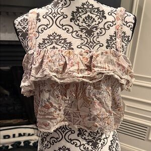 Olivaceous Floral Ruffle Crop Top - Cream and Pink